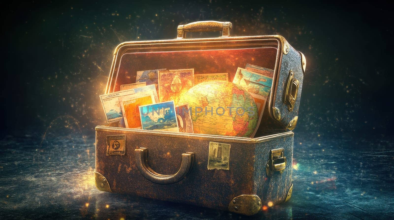 A magic suitcase with maps and a travel globe on a black background. The concept of a travel bag for a vacation.
