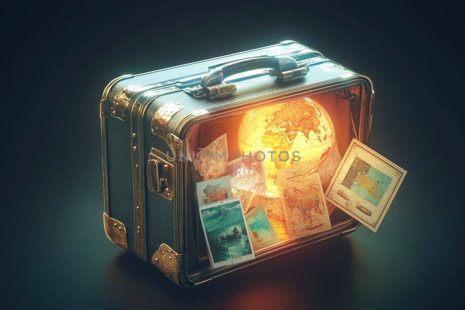 A magic suitcase with maps and a travel globe on a black background. The concept of a travel bag for a vacation.