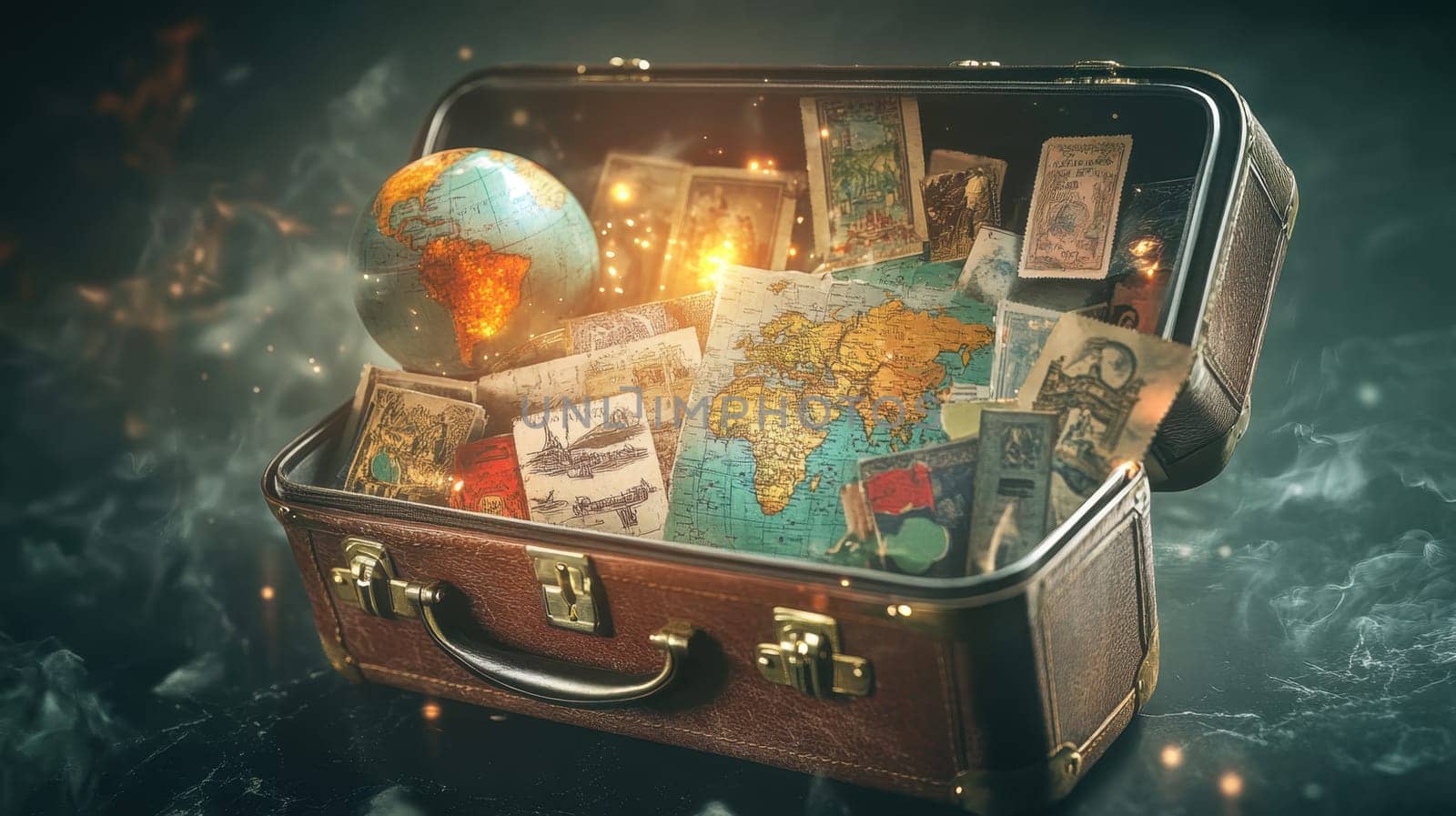A magic suitcase with maps and a travel globe on a black background. The concept of a travel bag for a vacation.