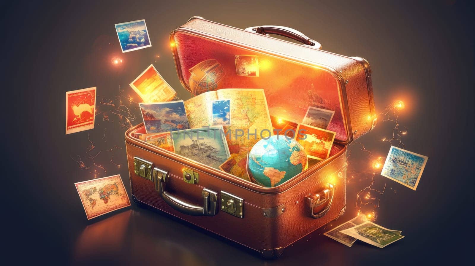 A magic suitcase with maps and a travel globe on a black background. The concept of a travel bag for a vacation.