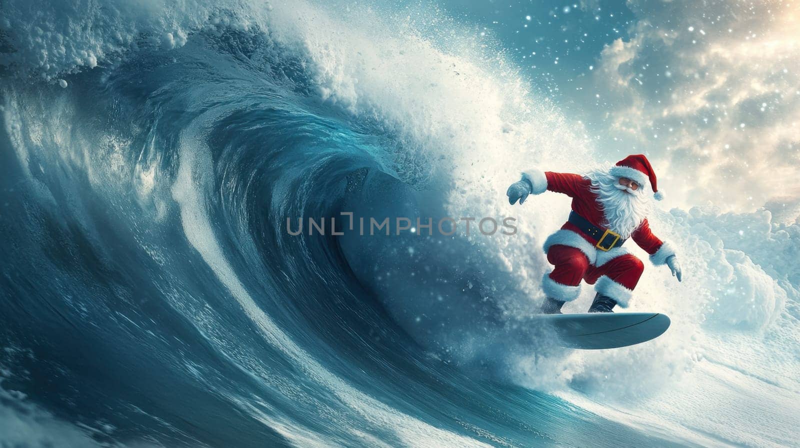 Santa Claus on a surfboard on ocean waves. New Year and Christmas active vacation concept.