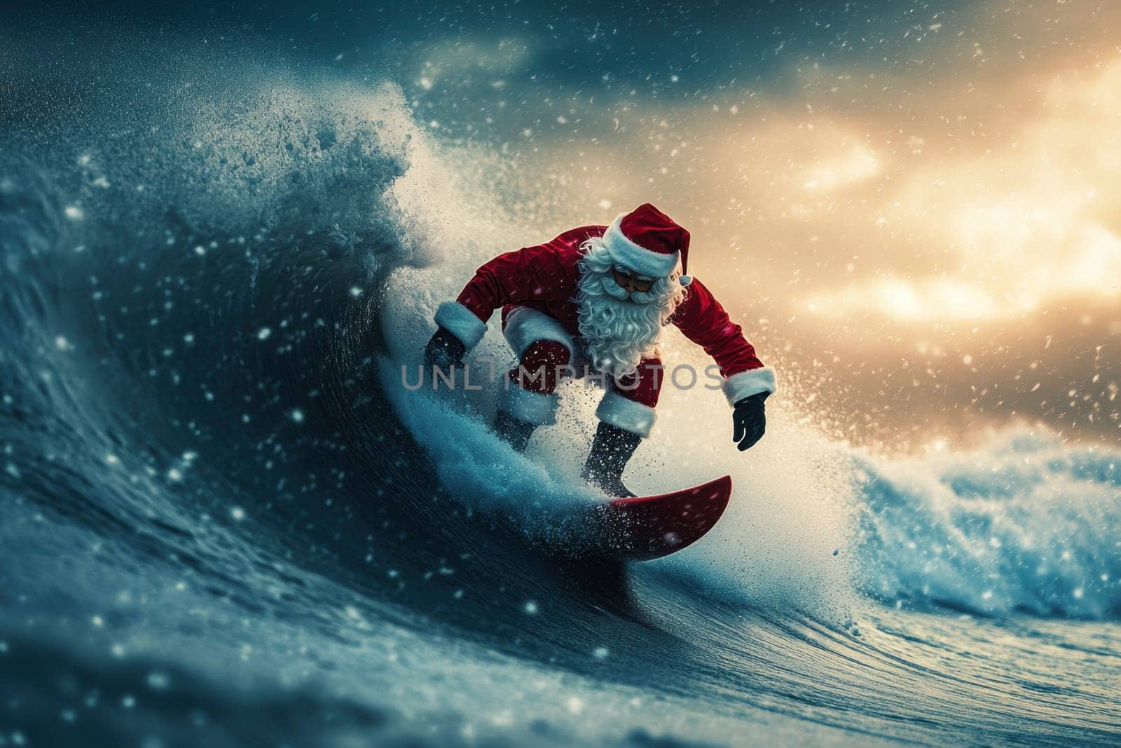Surfing Santa Claus on a surfboard on the waves in the sea . Active vacation concept for New Year and Christmas.