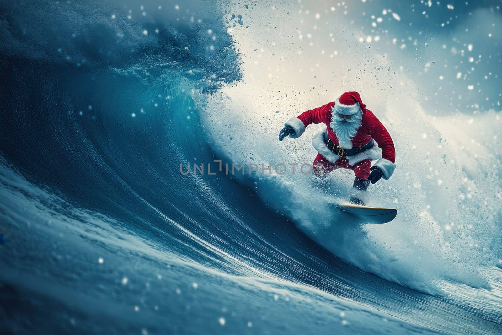 Santa Claus on a surfboard on ocean waves. New Year and Christmas active vacation concept.