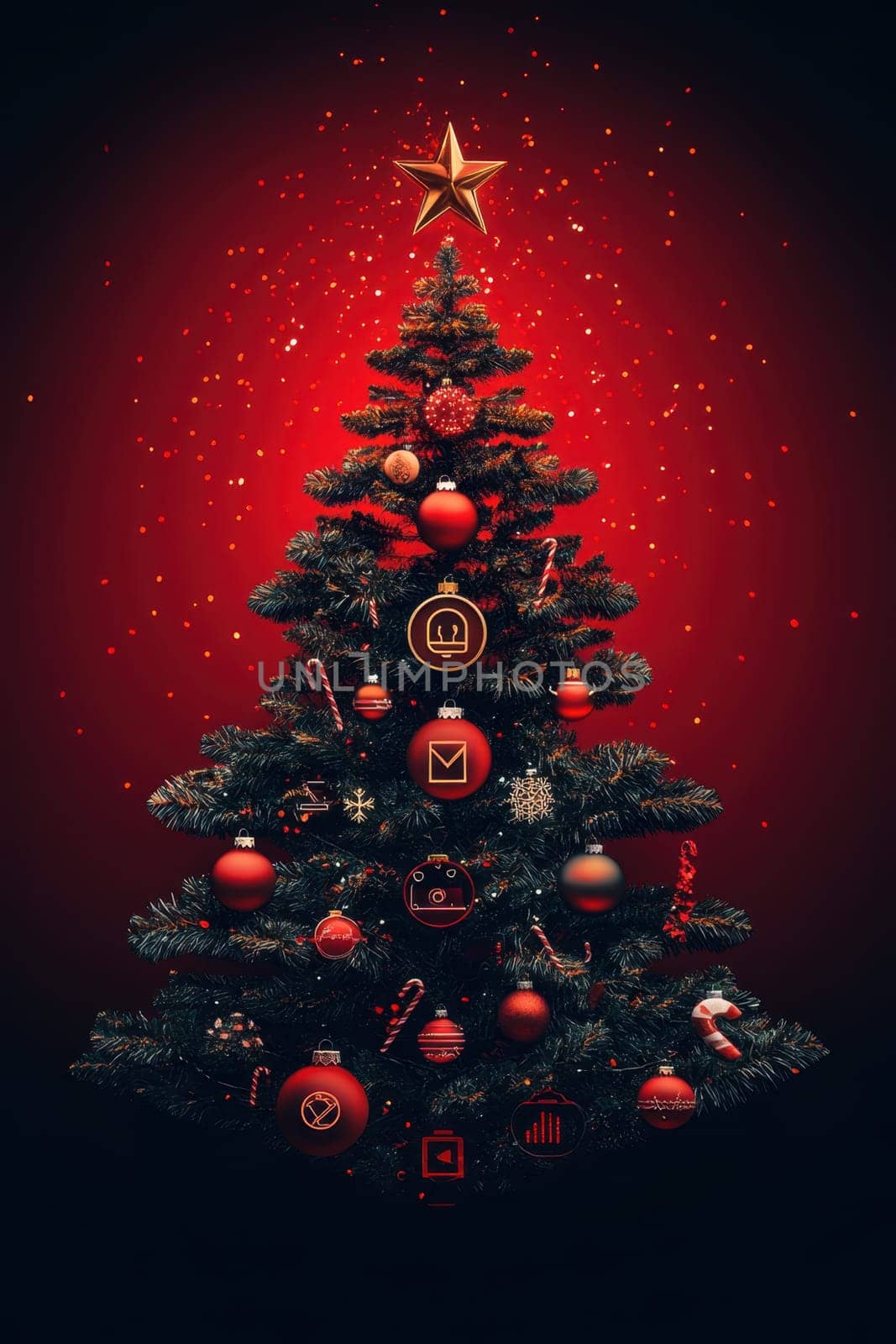 Stylish Christmas tree with decorations on a red background. Christmas tree with gifts. Christmas background. Festive decoration.