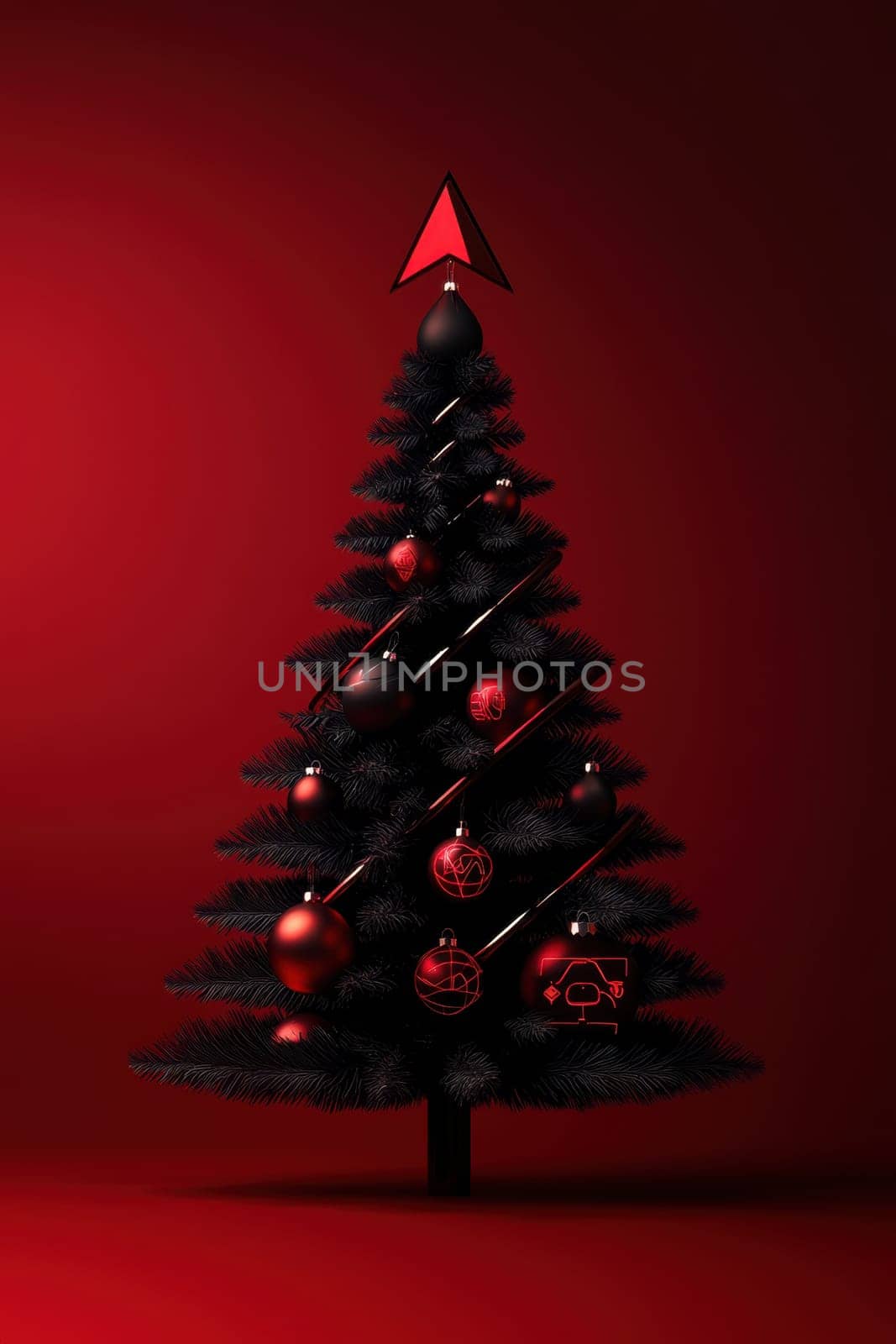 Stylish Christmas tree with decorations on a red background. Christmas tree with gifts. Christmas background. Festive decoration.