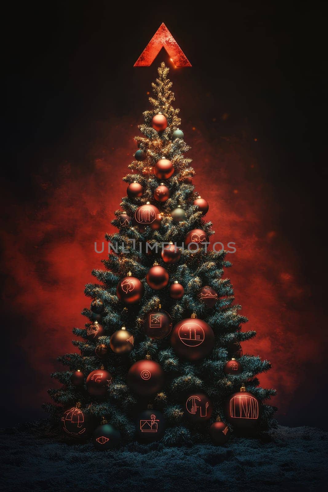 Stylish Christmas tree with decorations on a red background. Christmas tree with gifts. Christmas background. Festive decoration.