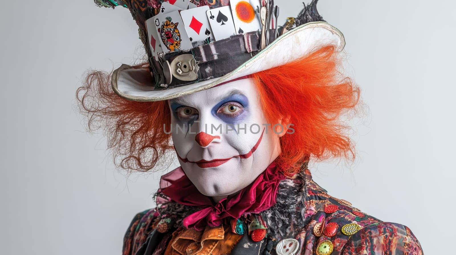 Portrait of the Hatter on a white isolated background. Cloen wearing a hat at a celebration.