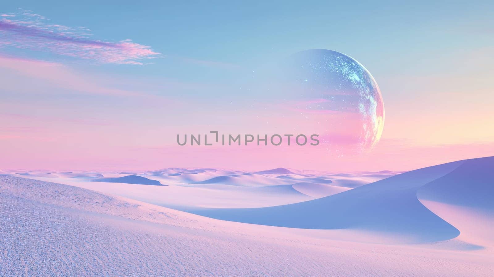 A large silver ball in the desert with pink sand. Surreal landscape.