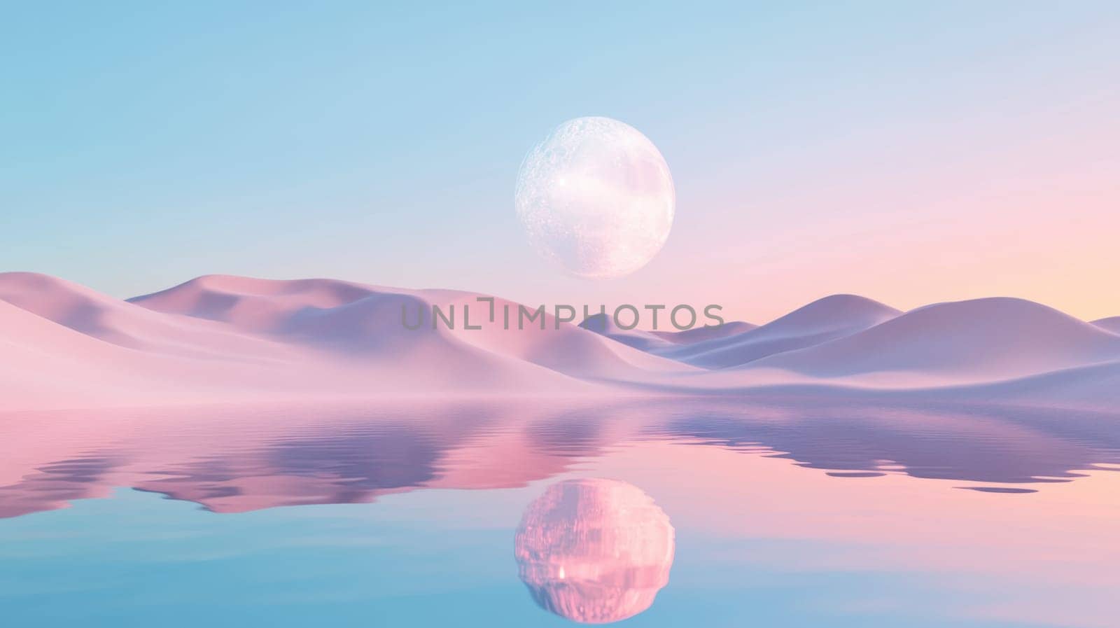 A large silver ball in the desert with pink sand. Surreal landscape.
