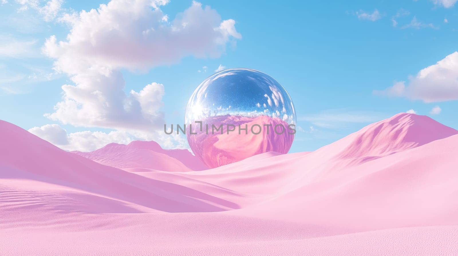 A large silver ball in the desert with pink sand. Surreal landscape.