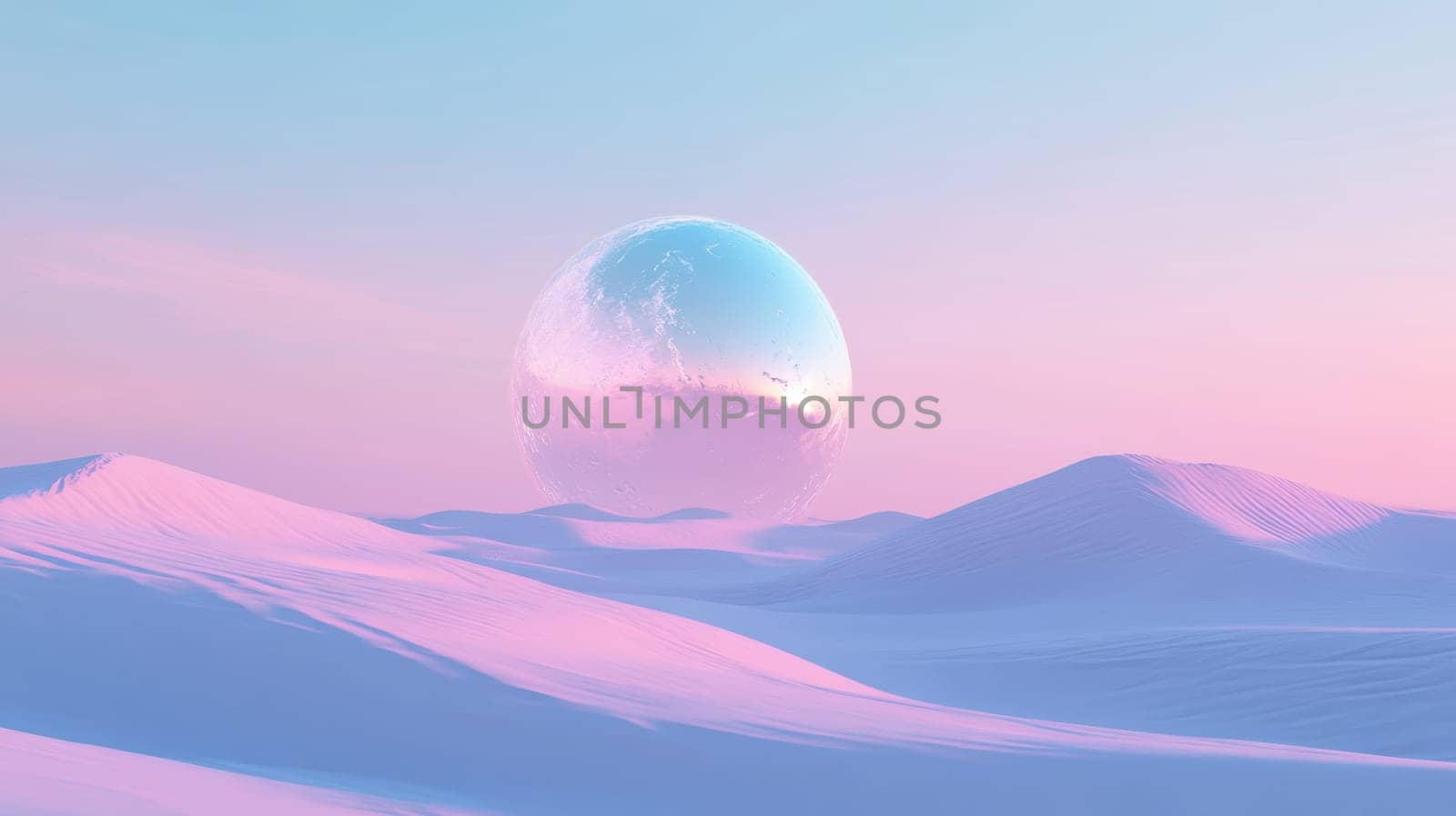 A large silver ball in the desert with pink sand. Surreal landscape.