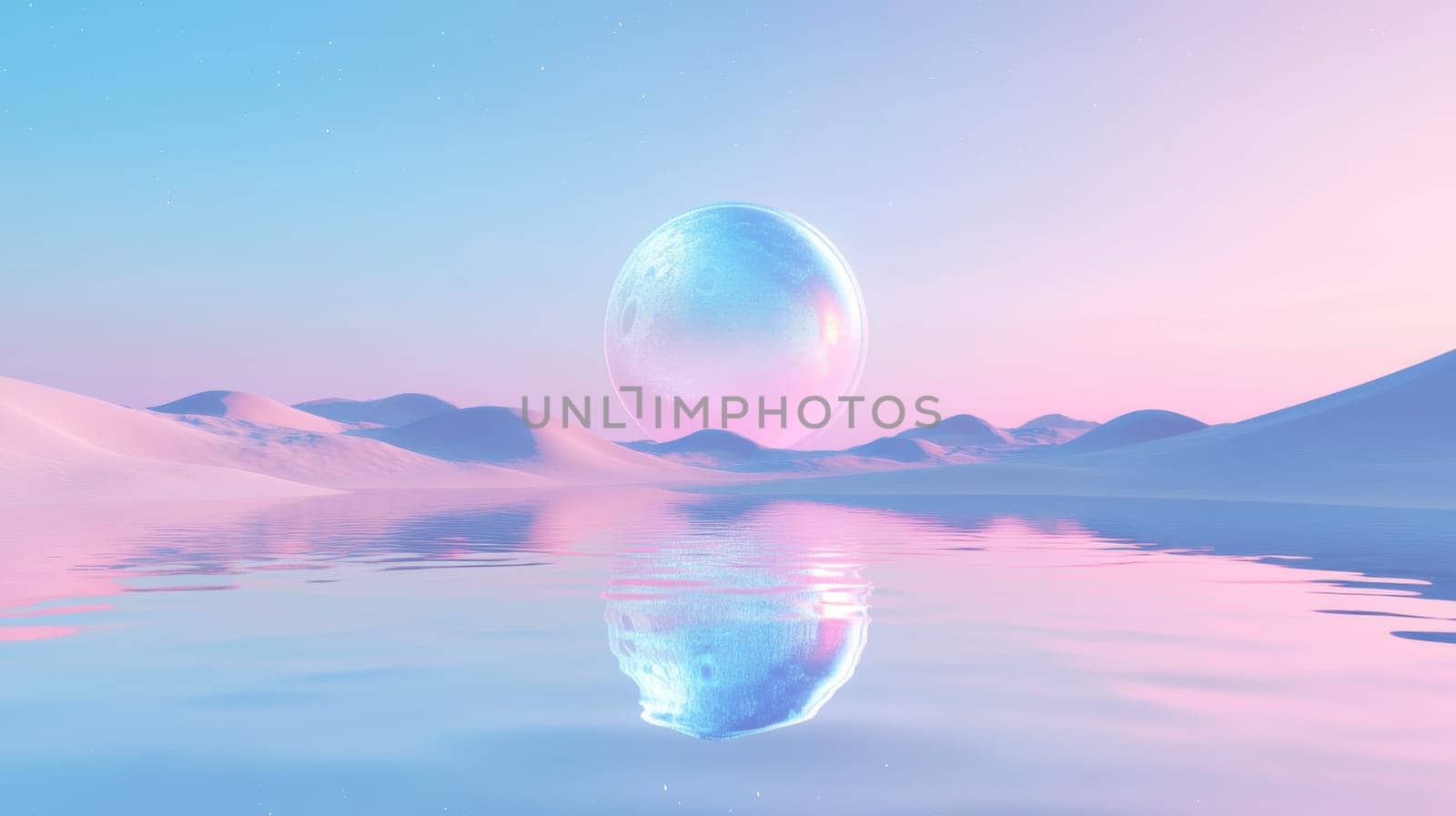 A large silver ball in the desert with pink sand. Surreal landscape.