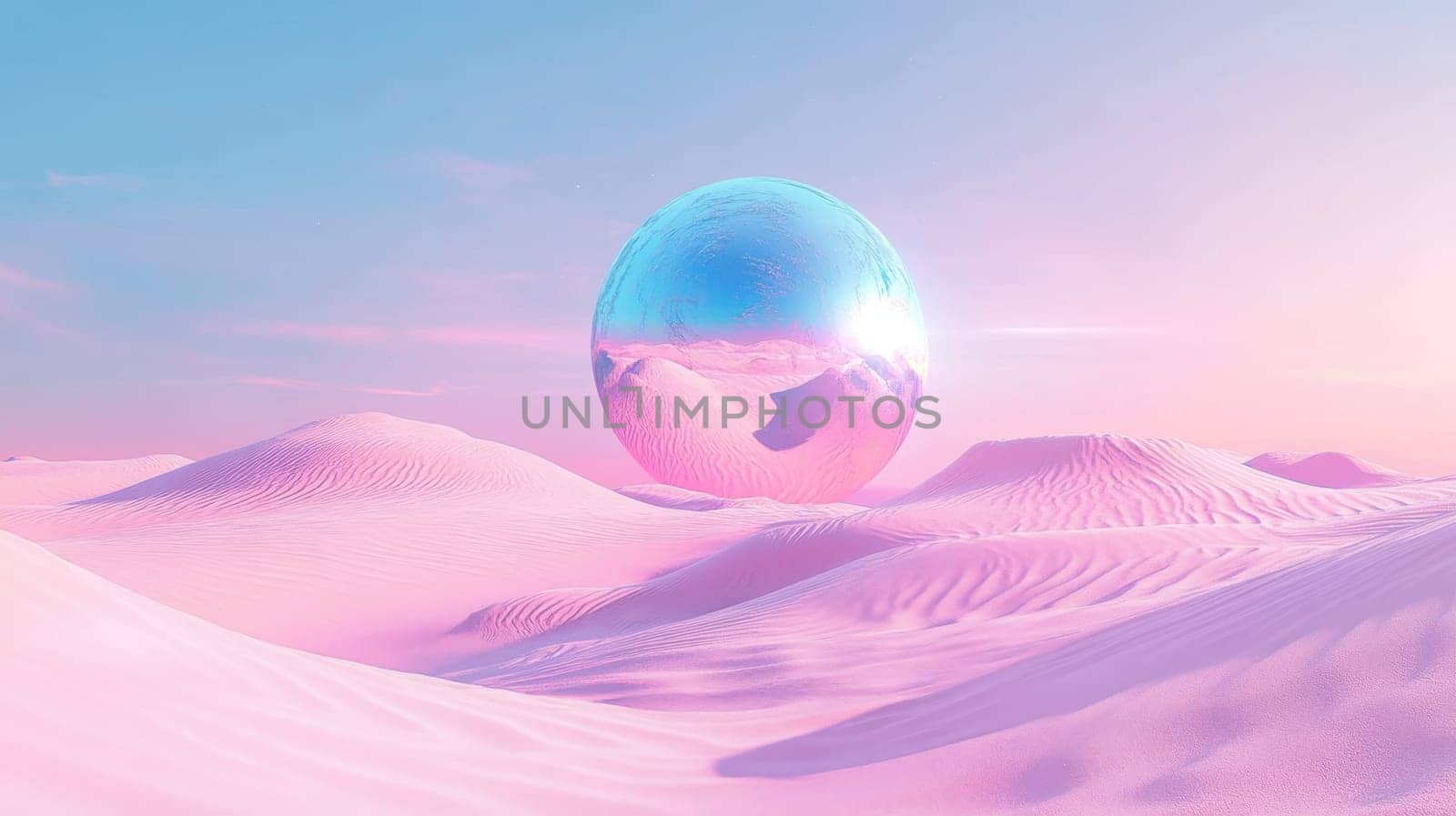 A large silver ball in the desert with pink sand. Surreal landscape.