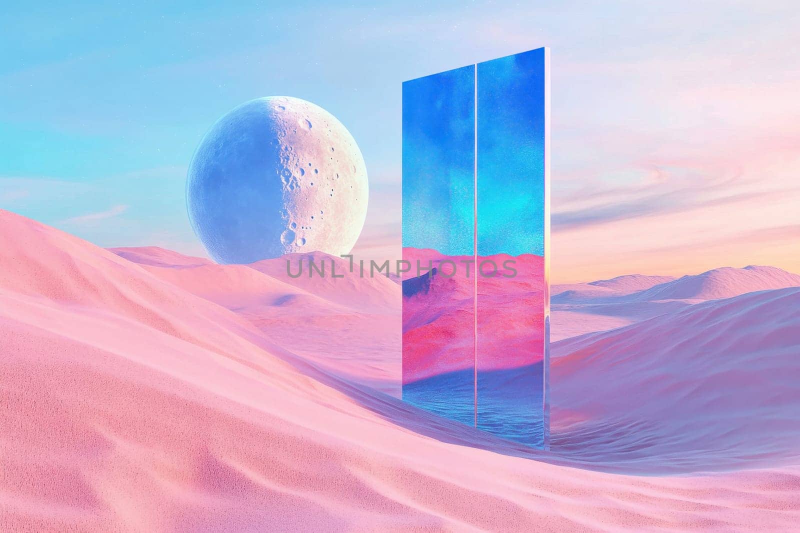 A large silver ball in the desert with pink sand. Surreal landscape.