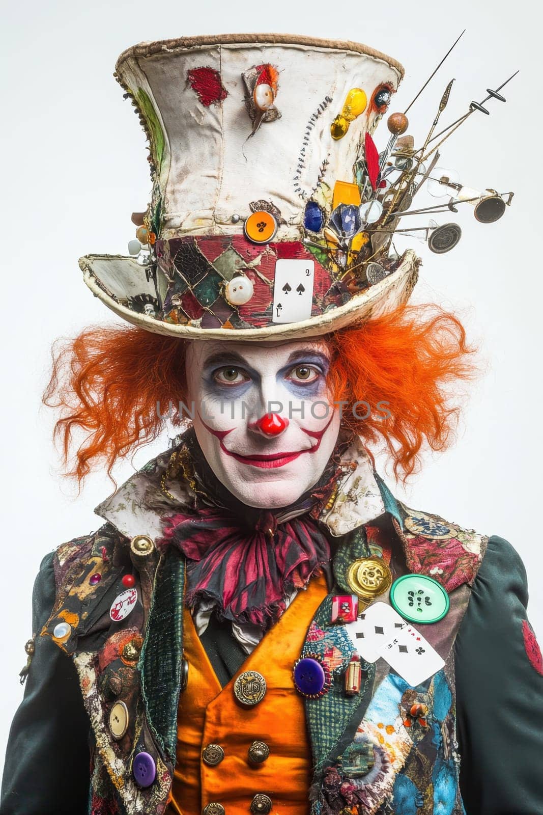 Portrait of the Hatter on a white isolated background. Cloen wearing a hat at a celebration.