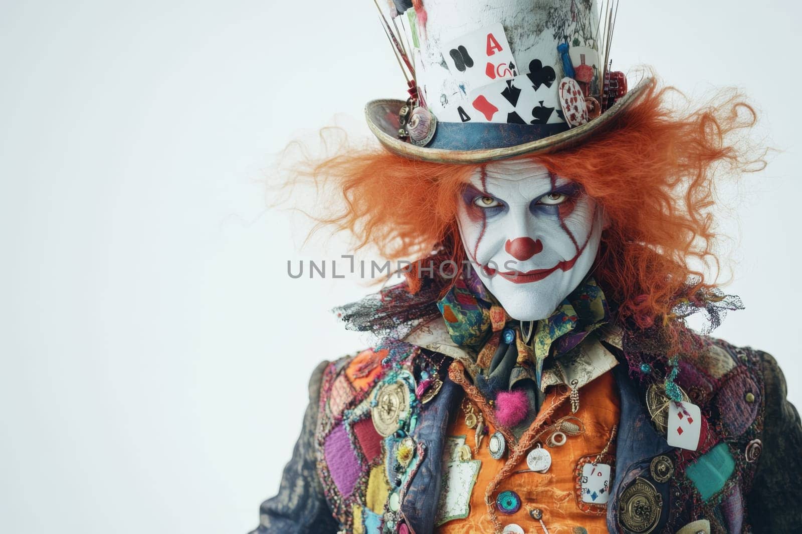 Portrait of the Hatter on a white isolated background. Cloen wearing a hat at a celebration.