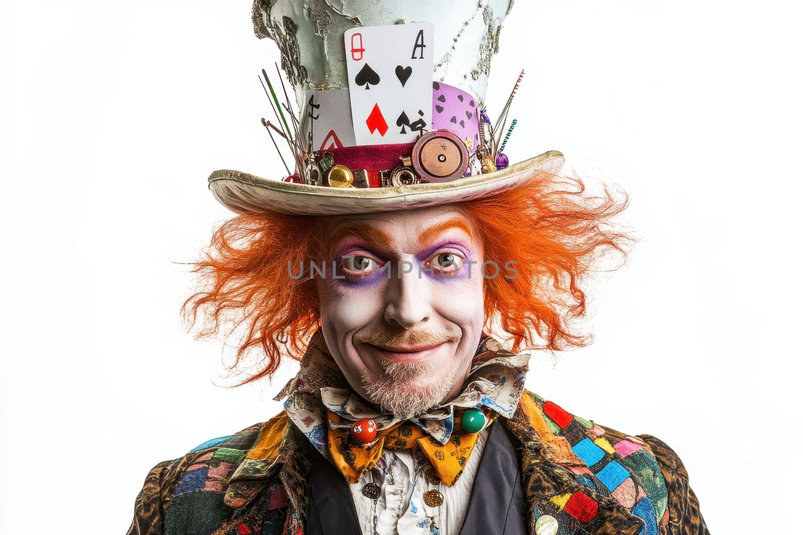 Portrait of the Hatter on a white isolated background. Cloen wearing a hat at a celebration.