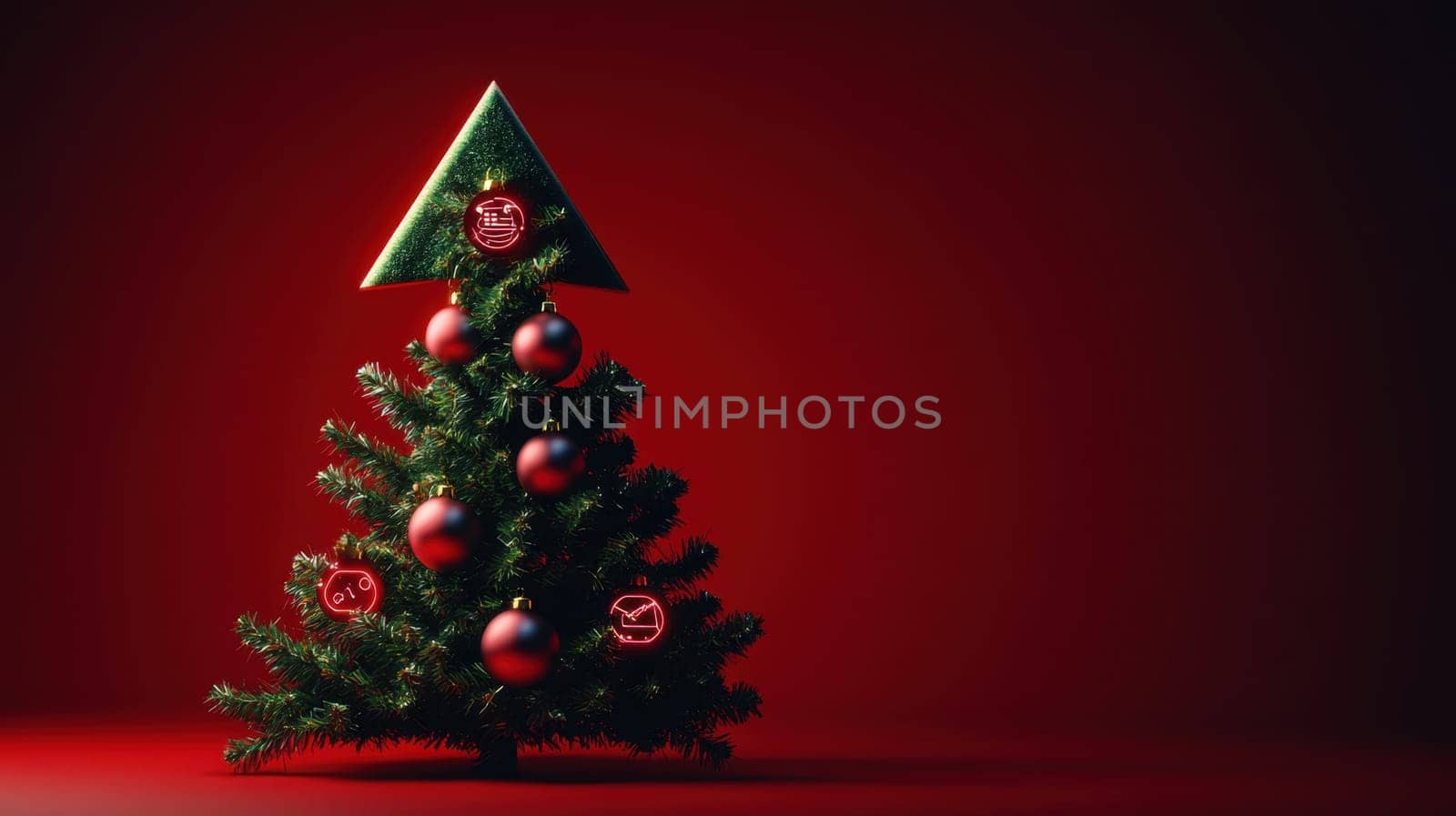Stylish Christmas tree with decorations on a red background. Christmas tree with gifts. Christmas background. Festive decoration.