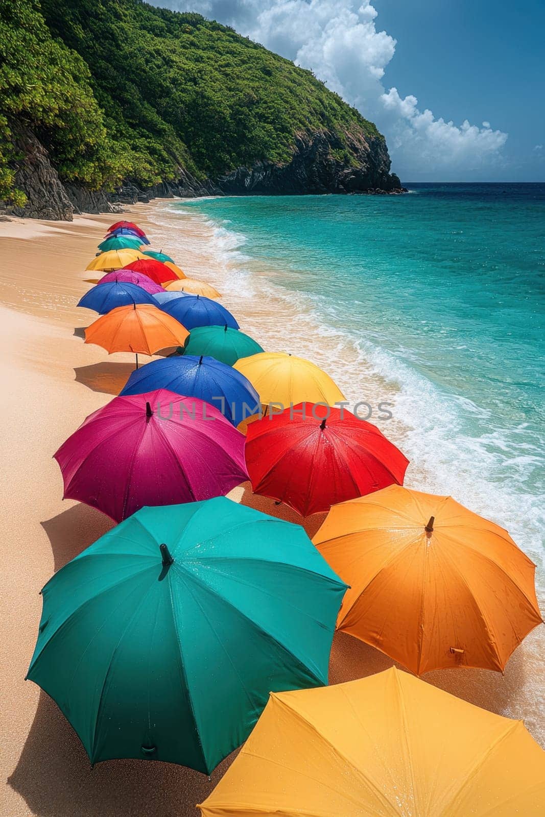Colorful umbrellas lie on the tropical beach. Rain umbrellas in good weather.