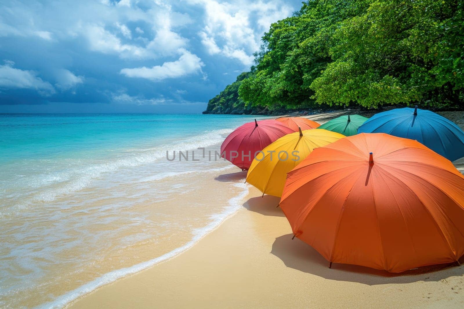 Colorful umbrellas lie on the tropical beach. Rain umbrellas in good weather.