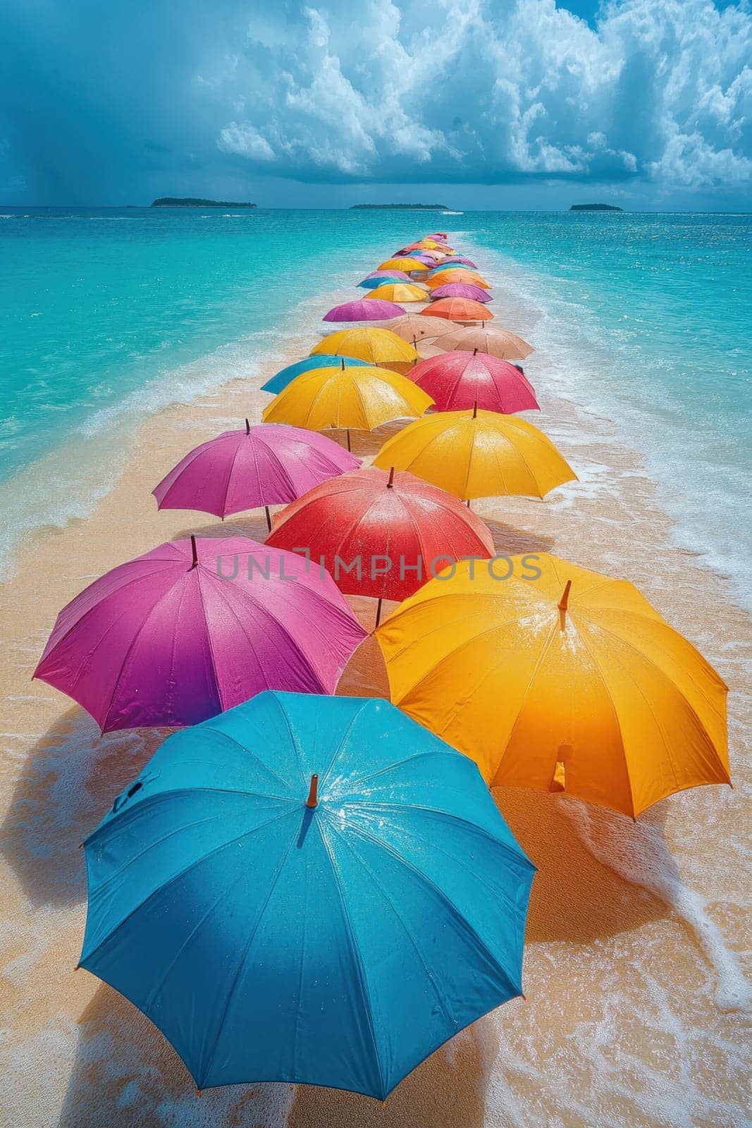 Colorful umbrellas lie on the tropical beach. Rain umbrellas in good weather.