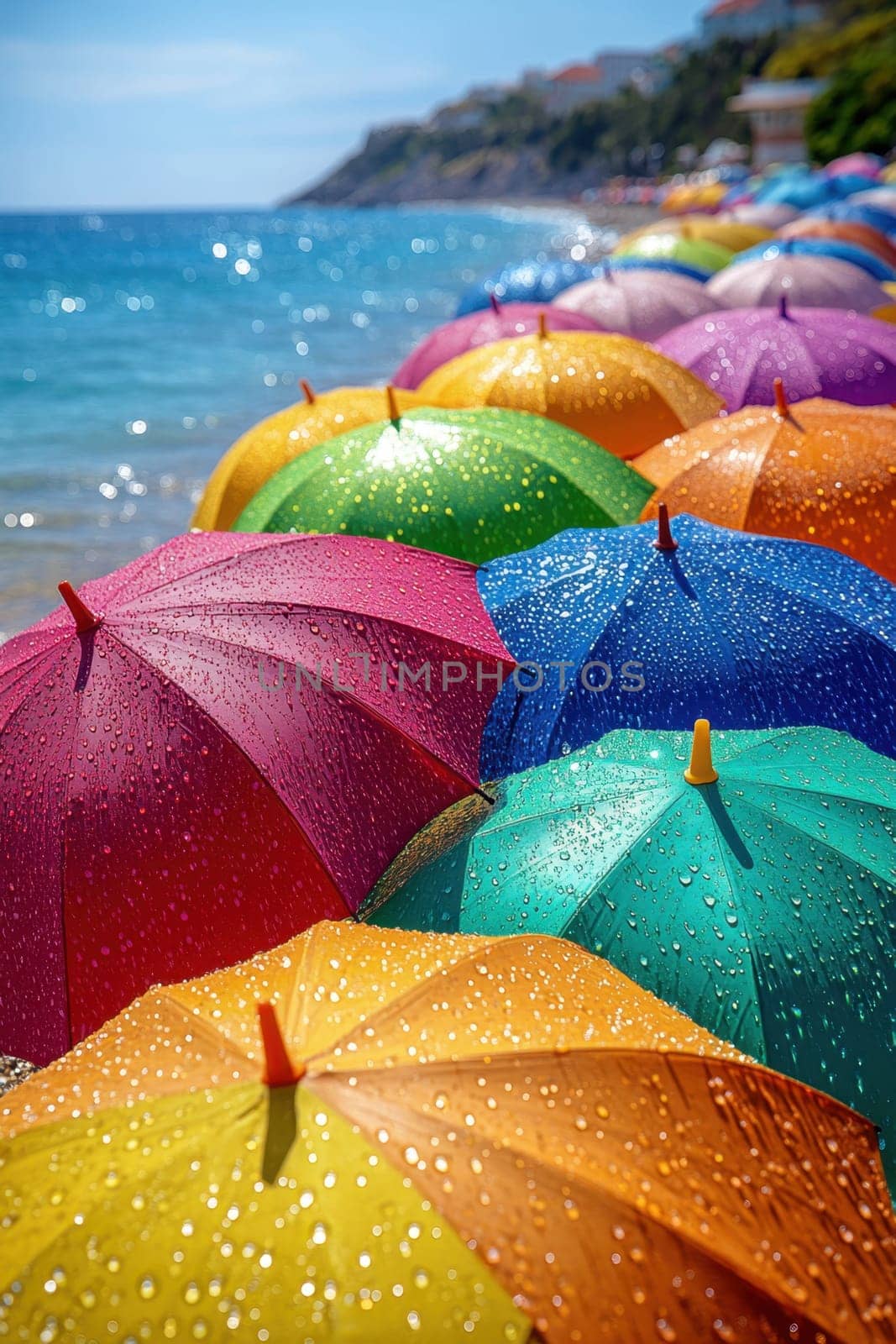 Lots of colored umbrellas to create shade on a hot day at the beach. Colorful umbrellas are spread out on the tropical beach.