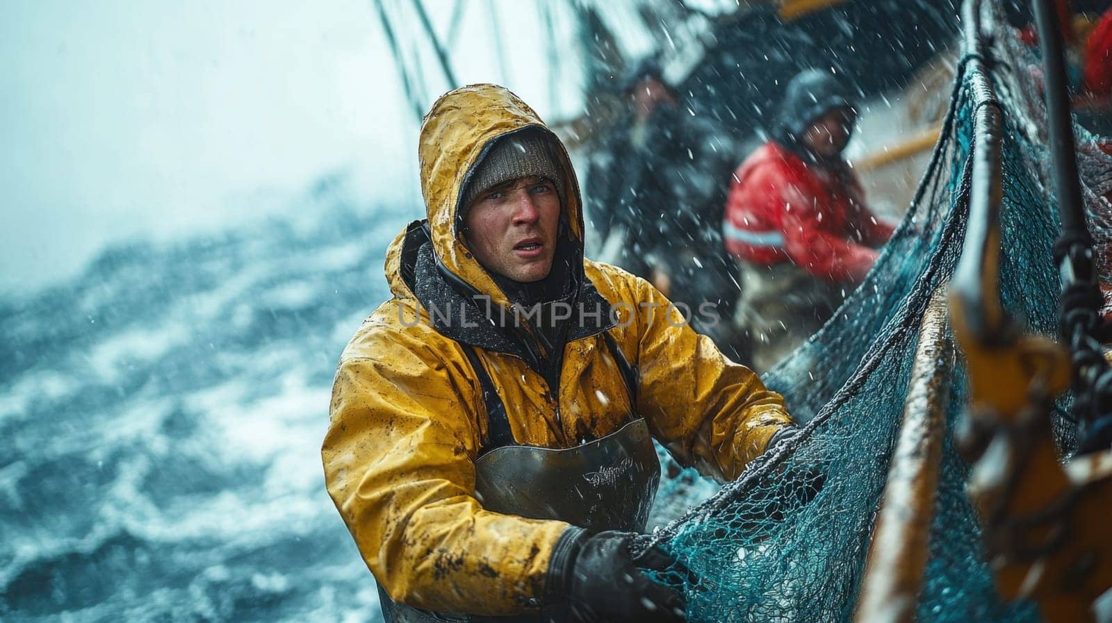 A fisherman catches fish with nets on an industrial fishing vessel in the northern seas. Industrial fishing.