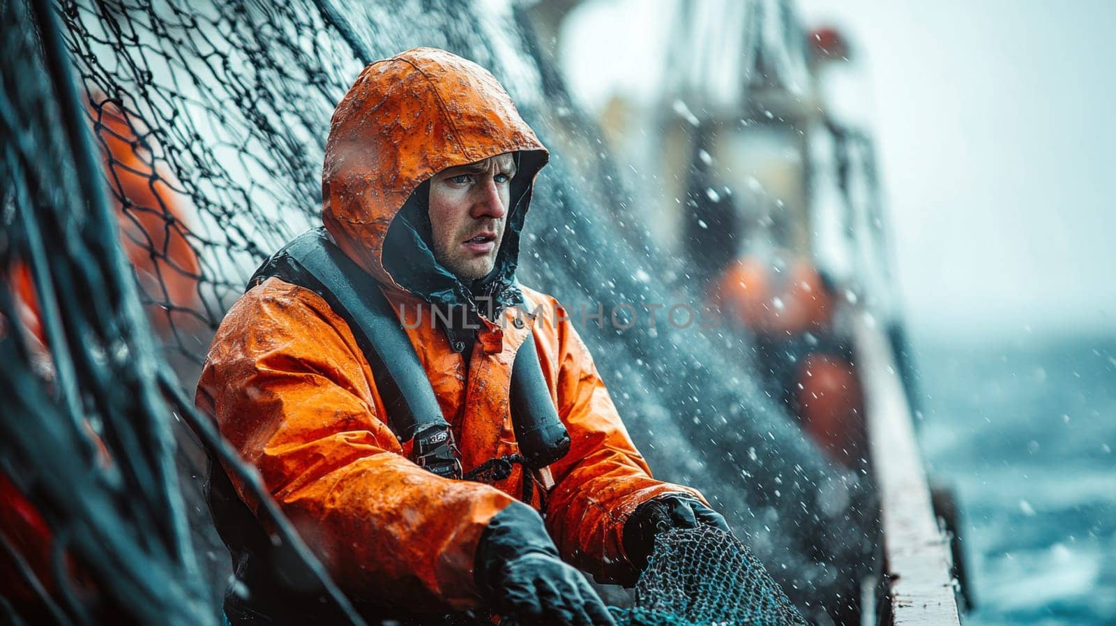 A fisherman catches fish with nets on an industrial fishing vessel in the northern seas. Industrial fishing.