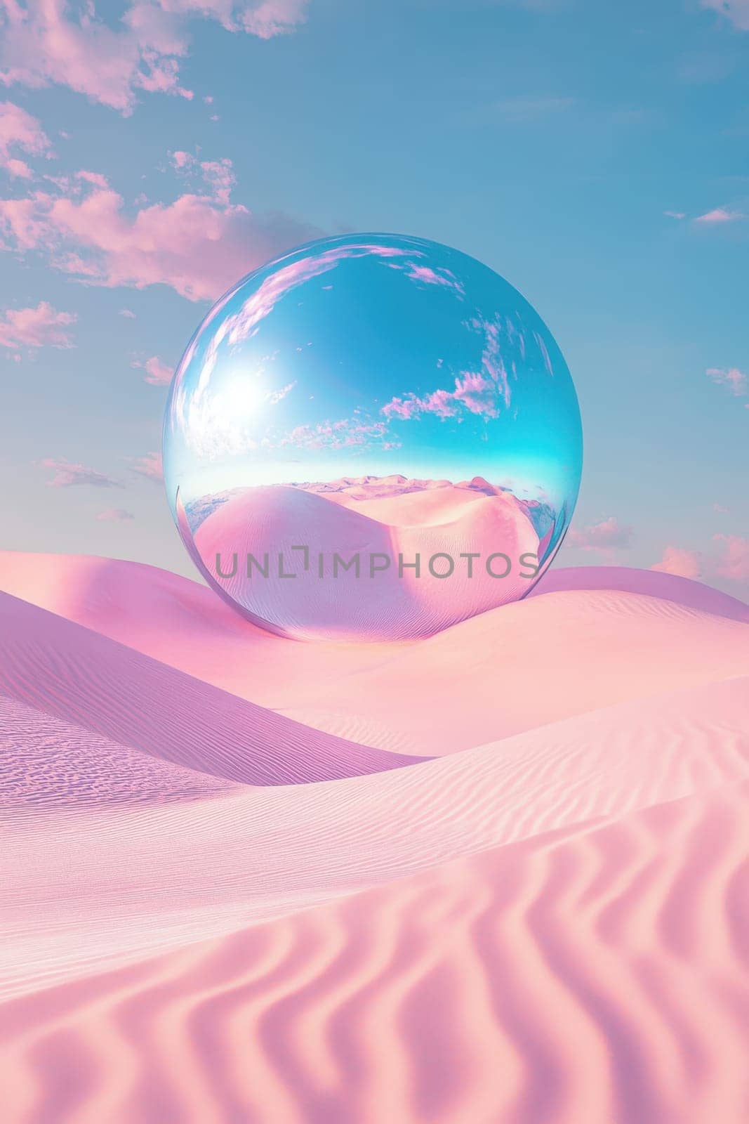 A large glass ball in the desert with pink sand. Surrealism.