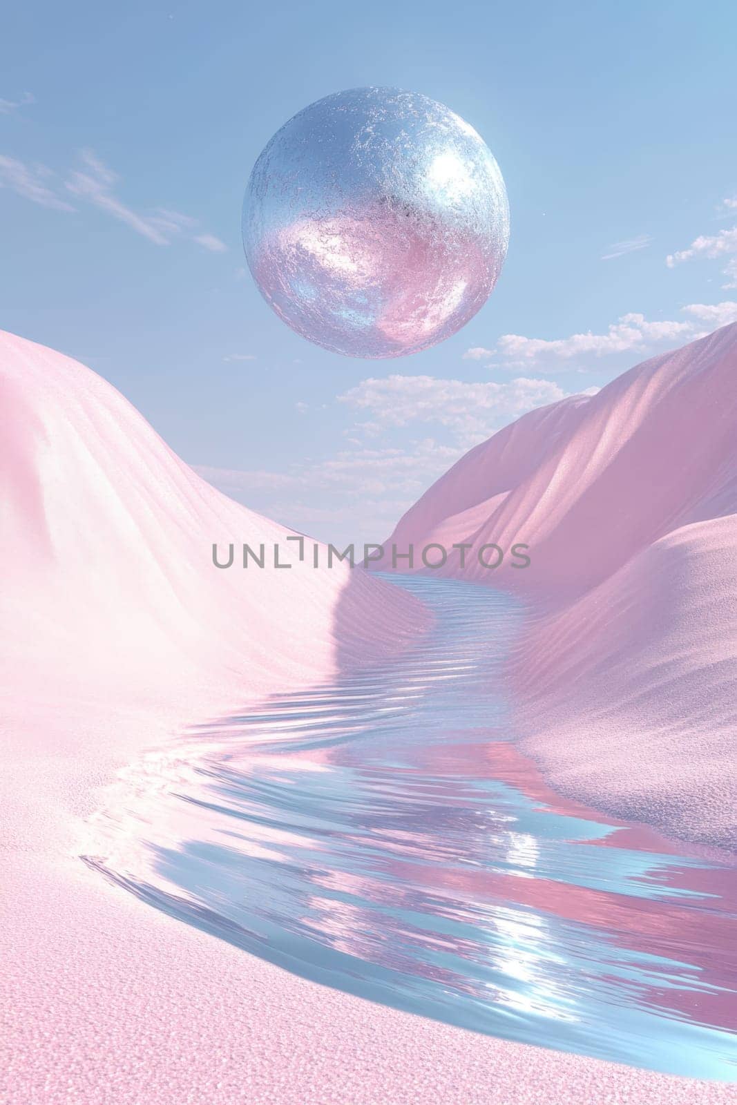 A large glass ball in the desert with pink sand. Surrealism.