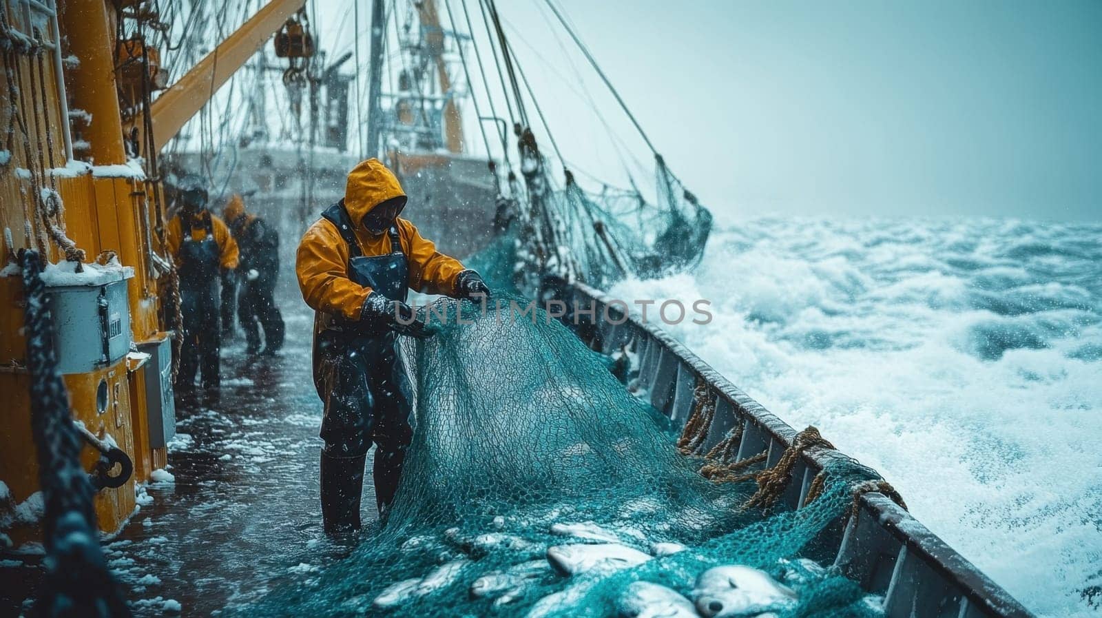 A fisherman catches fish with nets on an industrial fishing vessel in the northern seas. Industrial fishing.