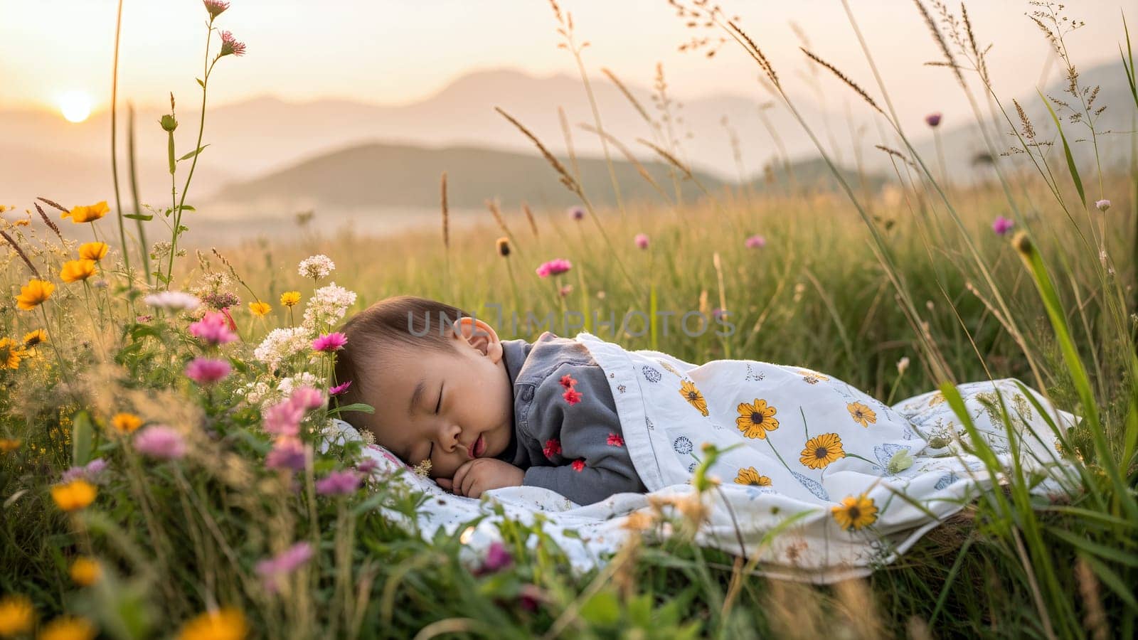Asian chinese baby is sleeping contentedly on a blanket surrounded by colorful flowers in a serene meadow at sunset. The golden light enhances the tranquil atmosphere - Generative AI