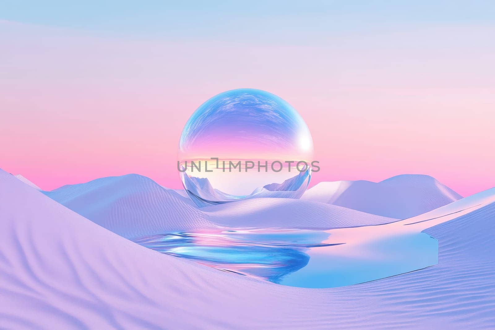 A large glass ball in the desert with pink sand. Surrealism.