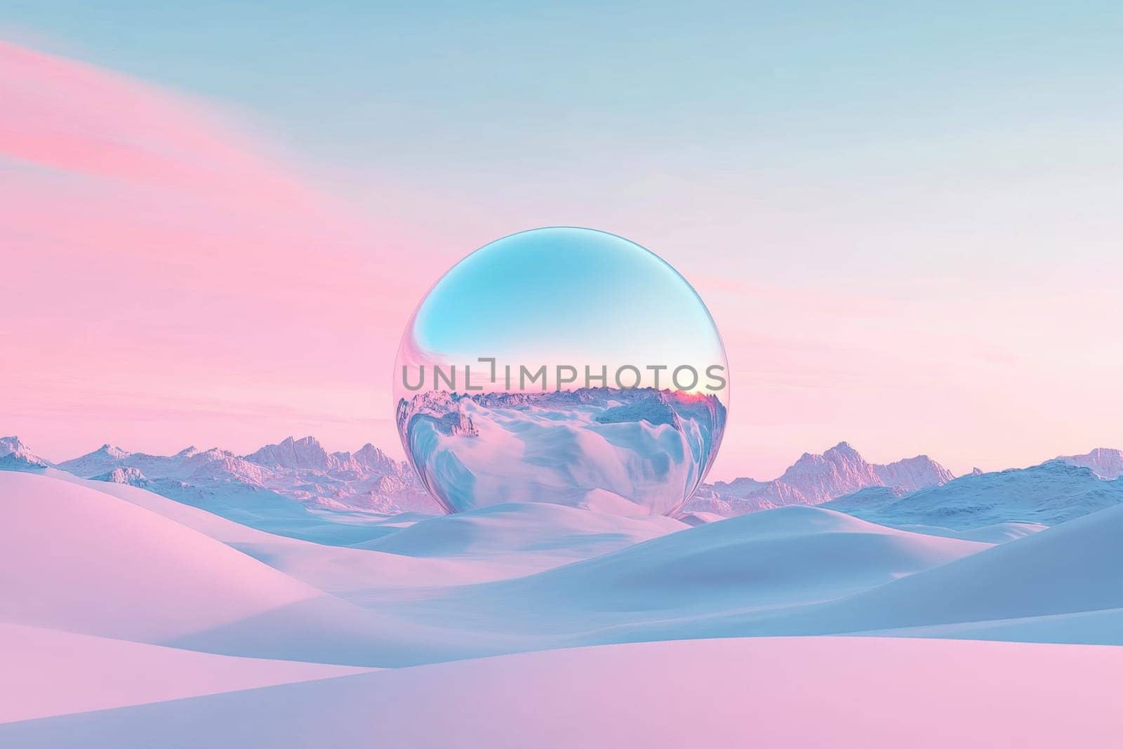 A large glass ball in the desert with pink sand. Surrealism.
