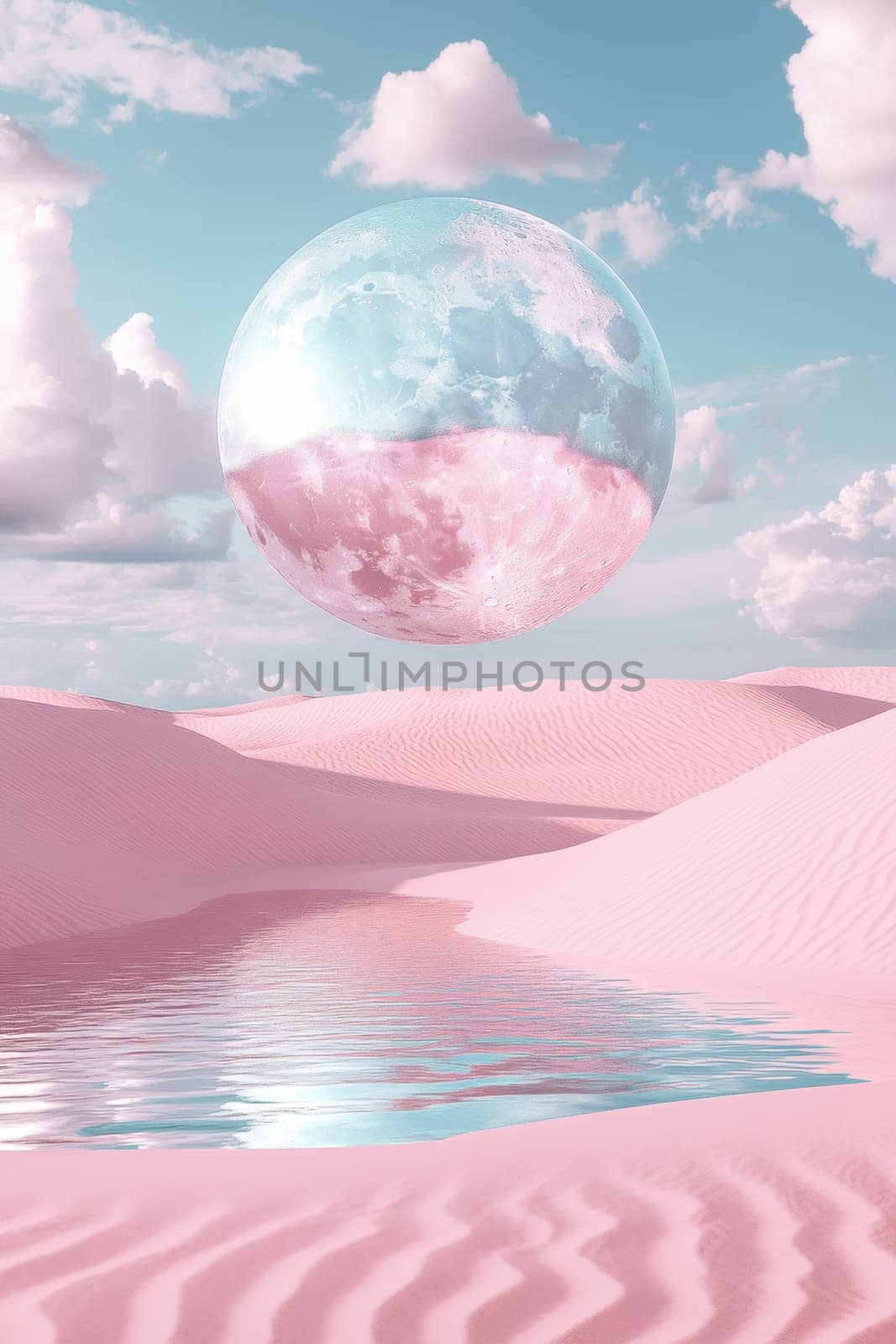A large glass ball in the desert with pink sand. Surrealism.