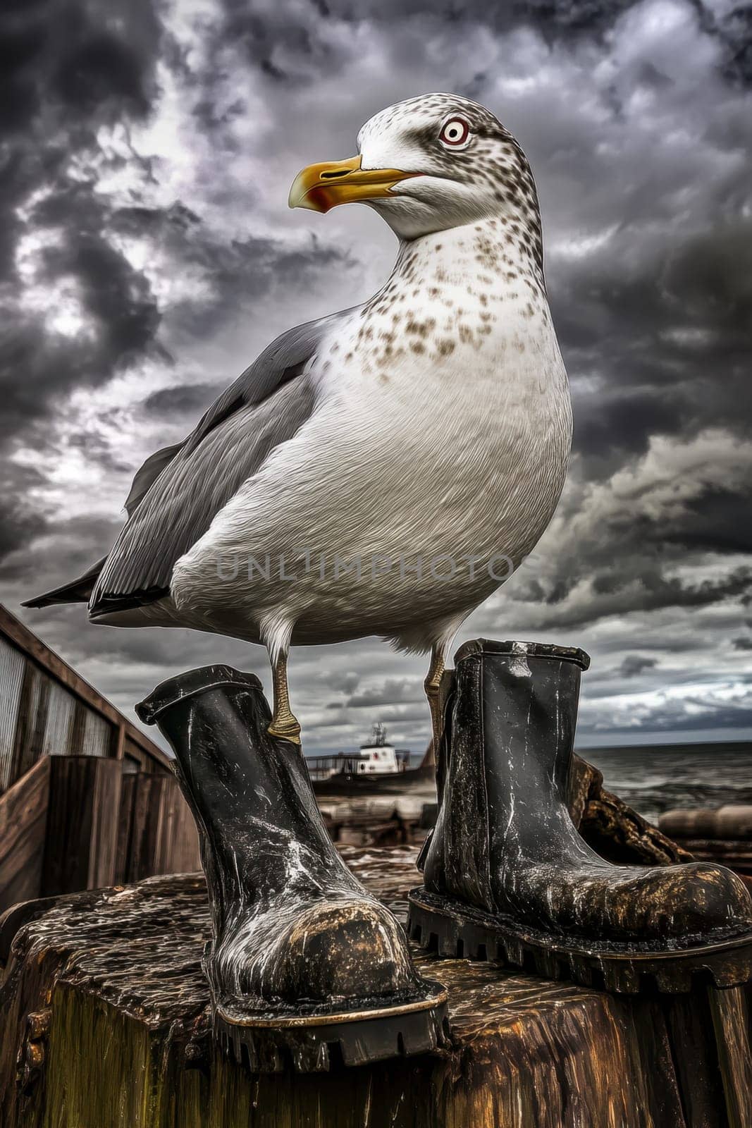 Seagull in boots in bad weather on a pier by the ocean. The concept of bad weather.