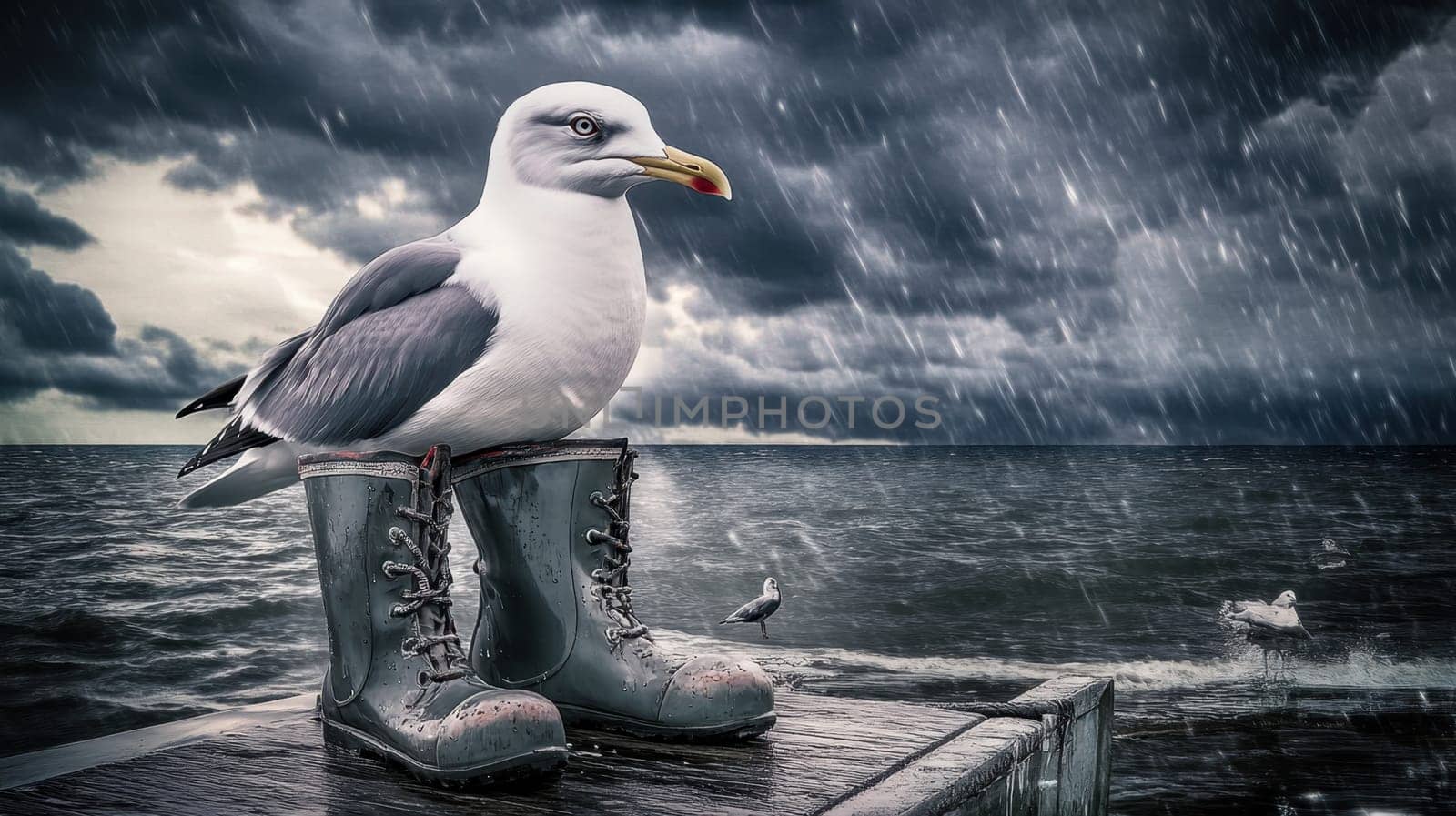 Seagull in boots in bad weather on a pier by the ocean. The concept of bad weather.