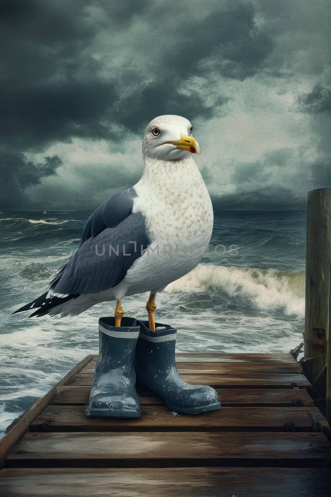 Seagull in boots in bad weather on a pier by the ocean. The concept of bad weather.