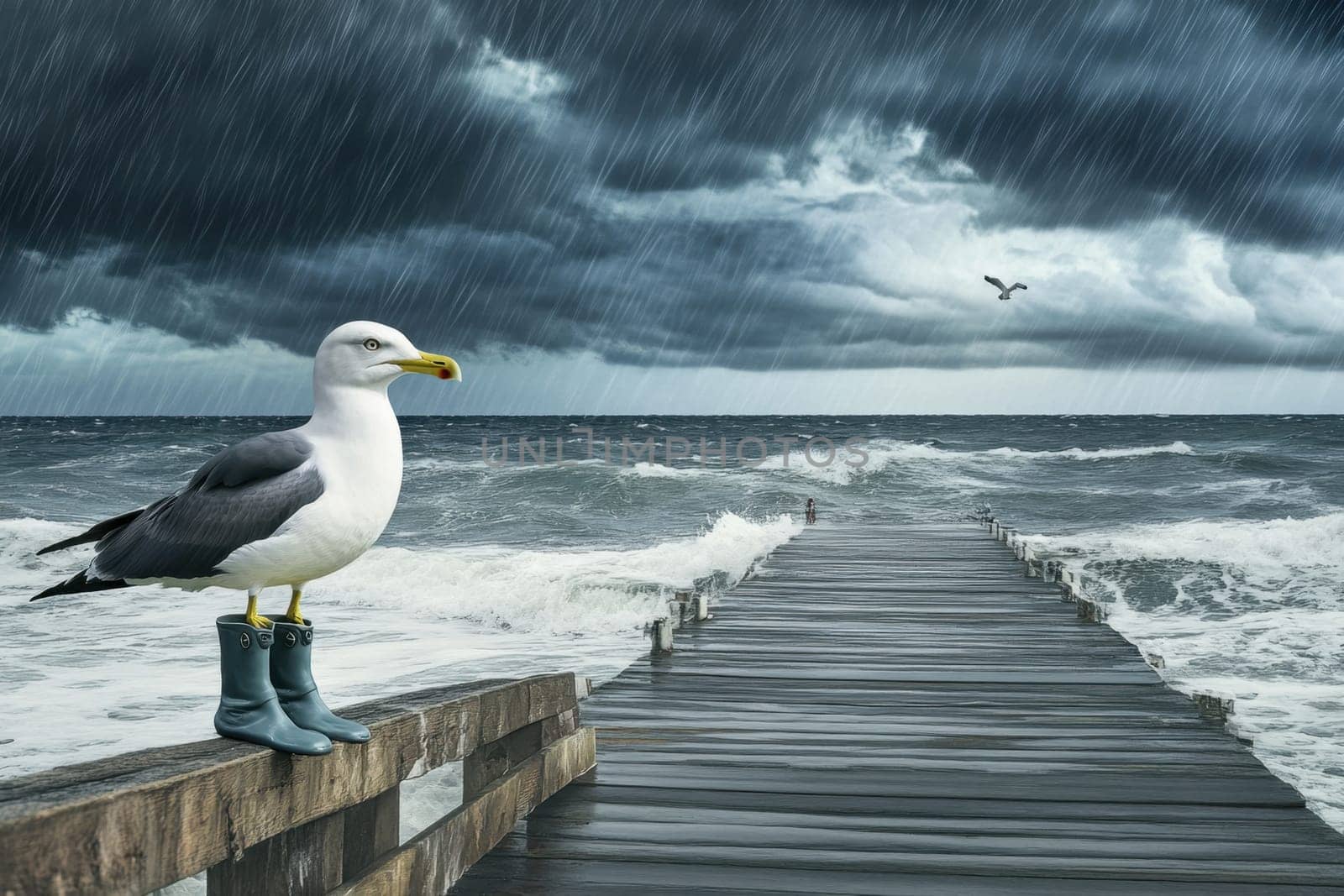 Seagull in boots in bad weather on a pier by the ocean. The concept of bad weather.