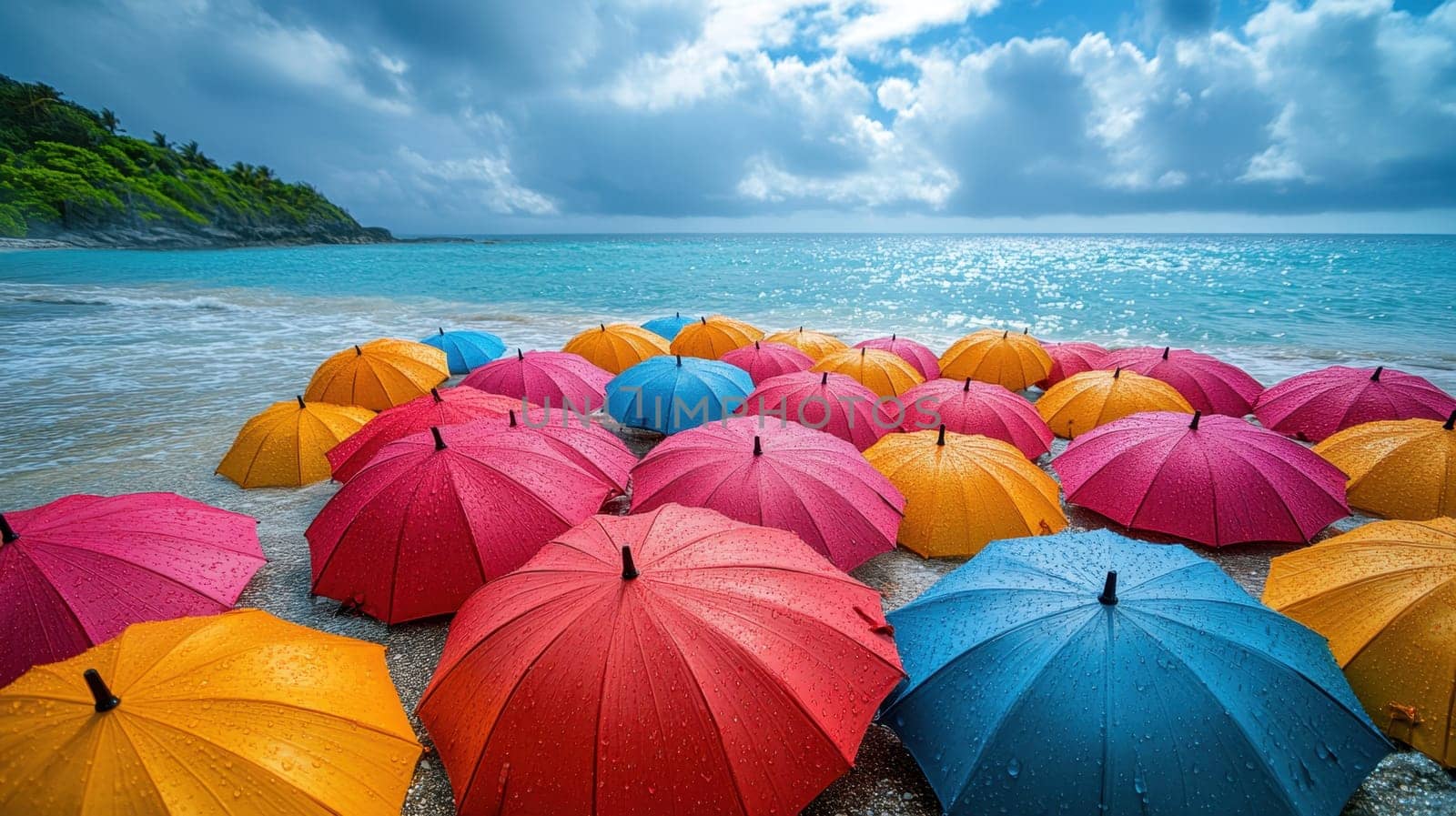 Lots of colored umbrellas to create shade on a hot day at the beach. Colorful umbrellas are spread out on the tropical beach.