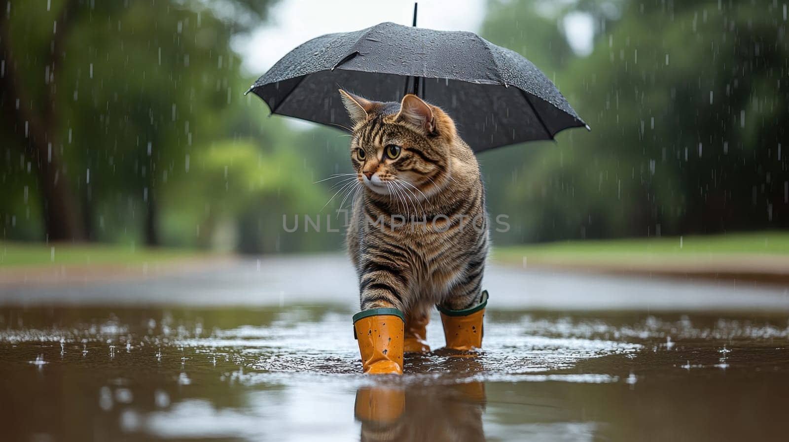 A cat in rubber boots and carrying an umbrella walks in the rain in the park.