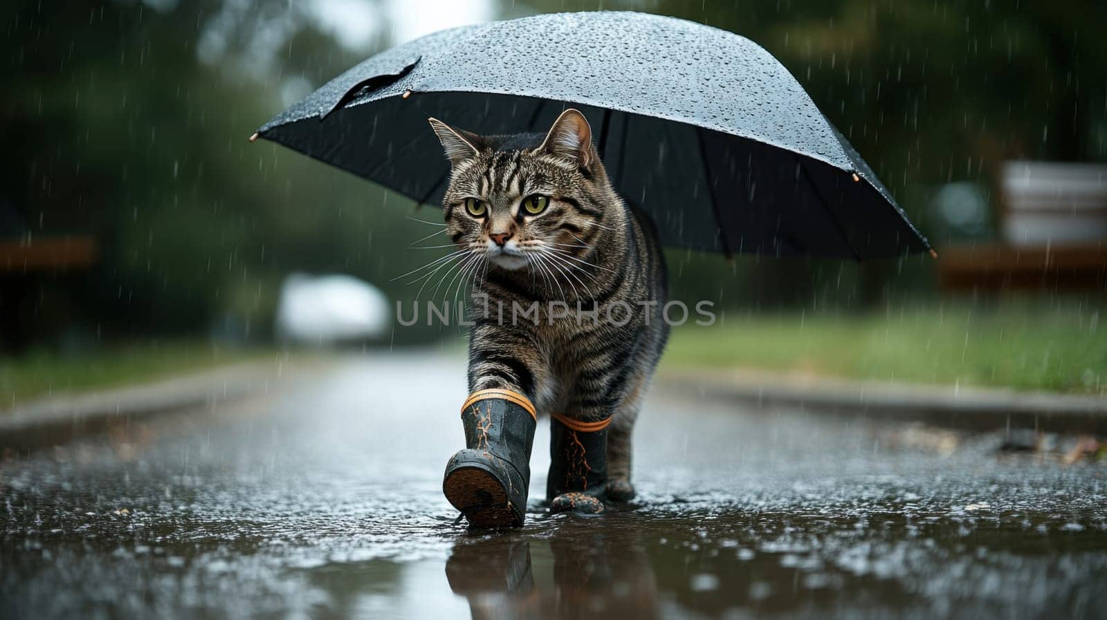 A cat in rubber boots and carrying an umbrella walks in the rain in the park.