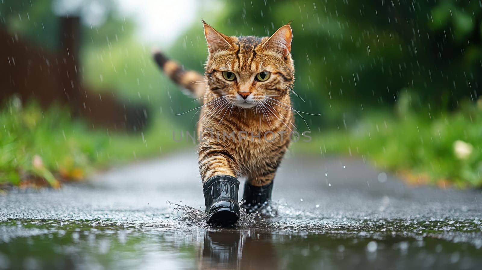 A cat in rubber boots strolls through the park in the summer rain.