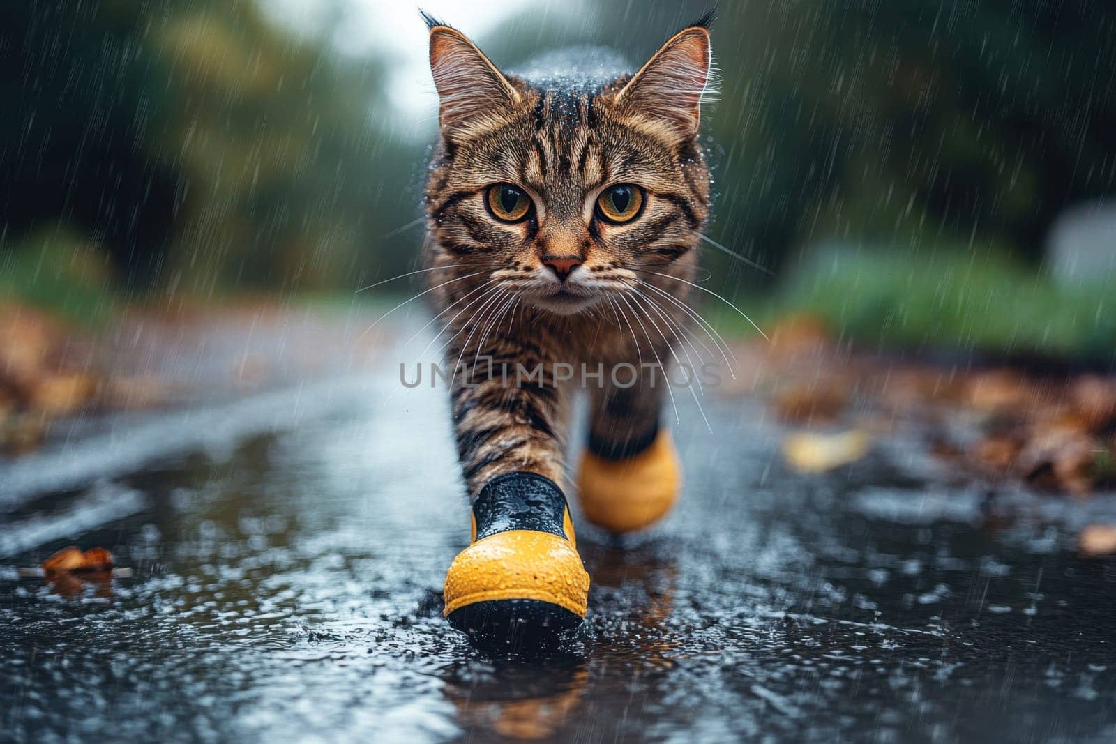 A cat in rubber boots strolls through the park in the summer rain.