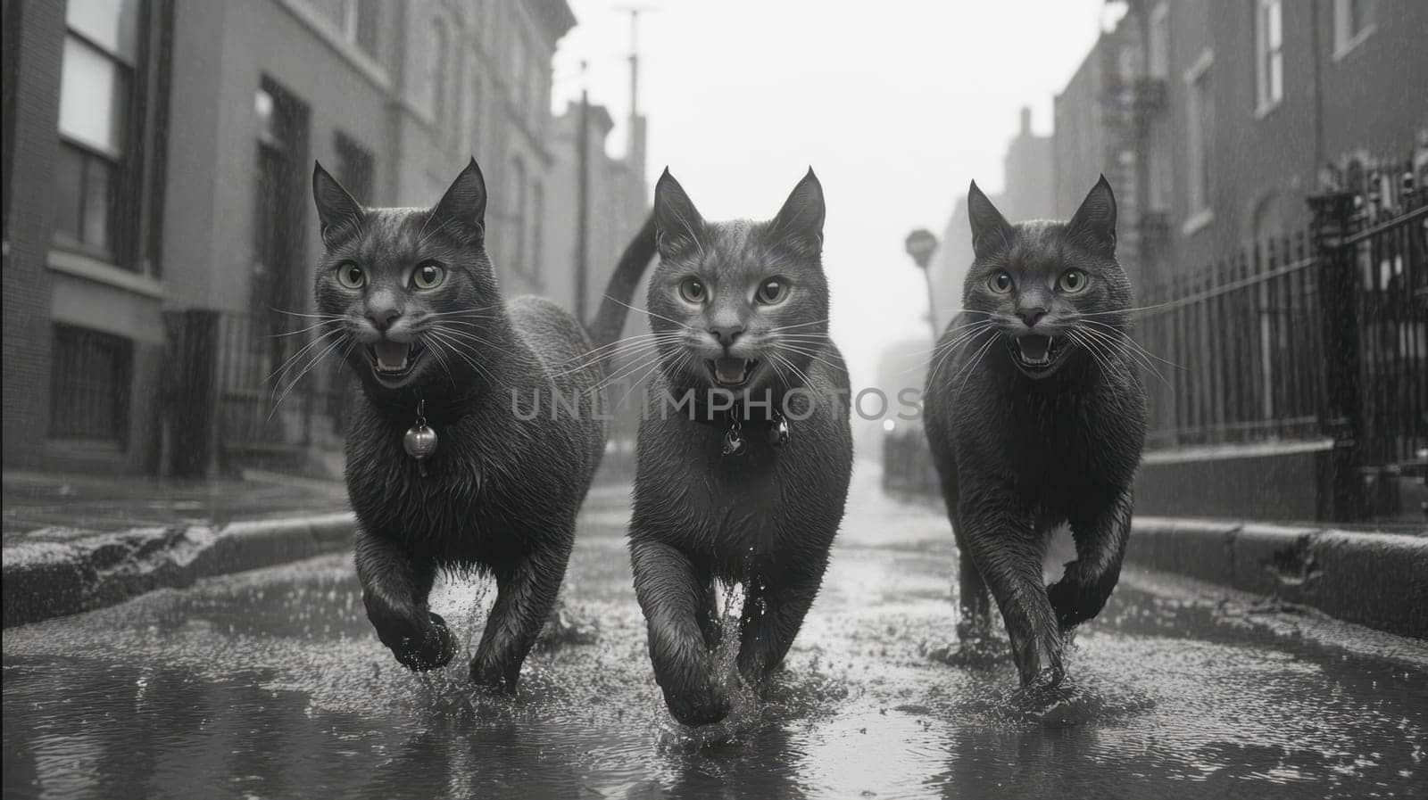 Three cats are walking along a city street during the rain.