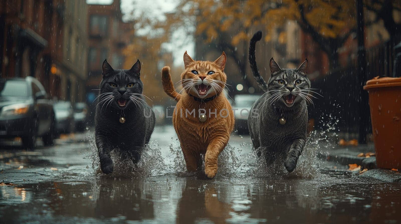 Three angry cats are walking along a city street during the rain.