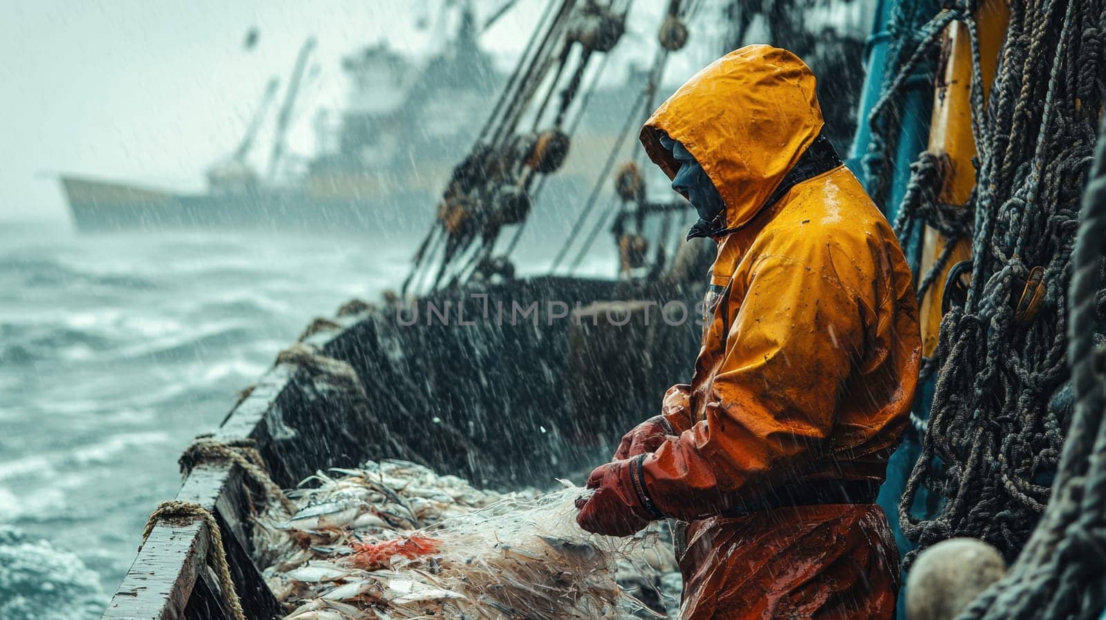 A fisherman catches fish with nets on an industrial fishing vessel in the northern seas. Industrial fishing.