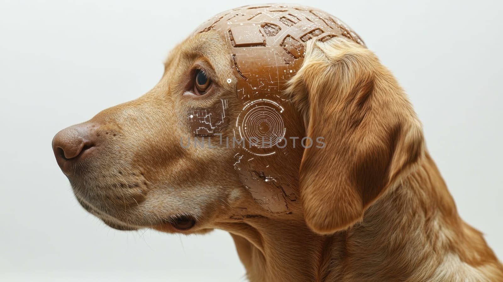A pet robot dog on a white background. Portrait of a futuristic pet.