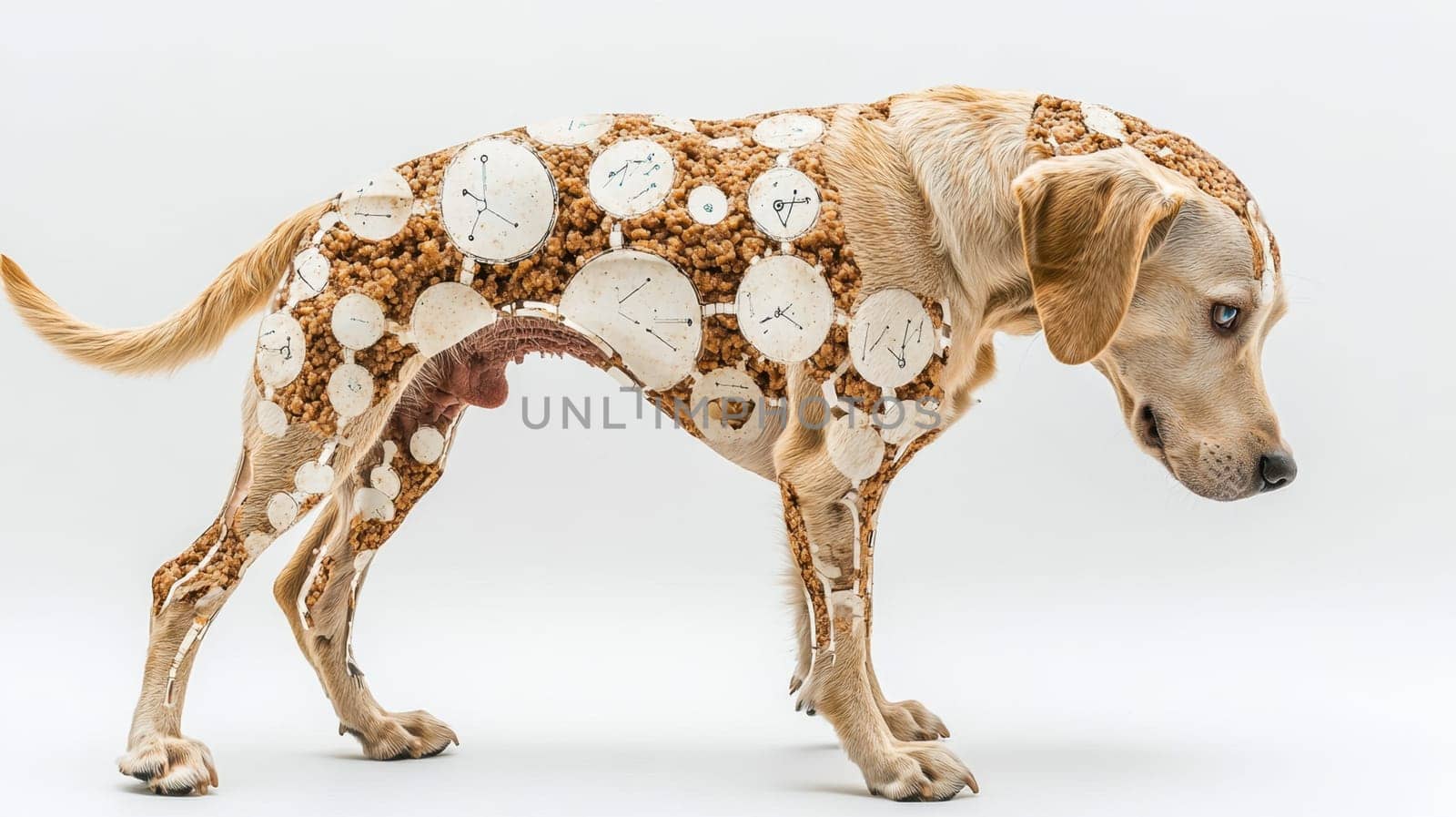 A pet robot dog on a white background. Portrait of a futuristic pet.