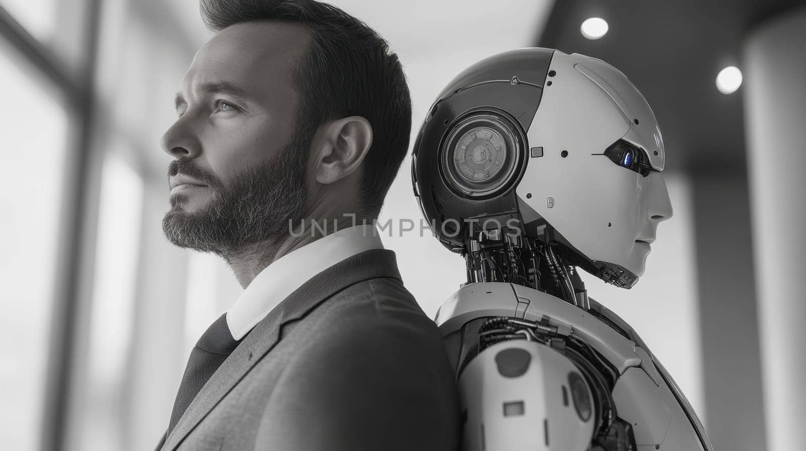 A successful businessman standing with a robot back to back . The future belongs to artificial intelligence.